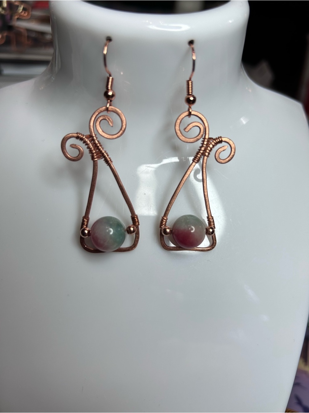 Handcrafted Copper Drop Earrings with Green and Pink Jade beads.